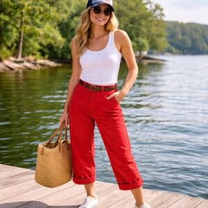 Classic High-Rise Red Cotton Pants - Women's